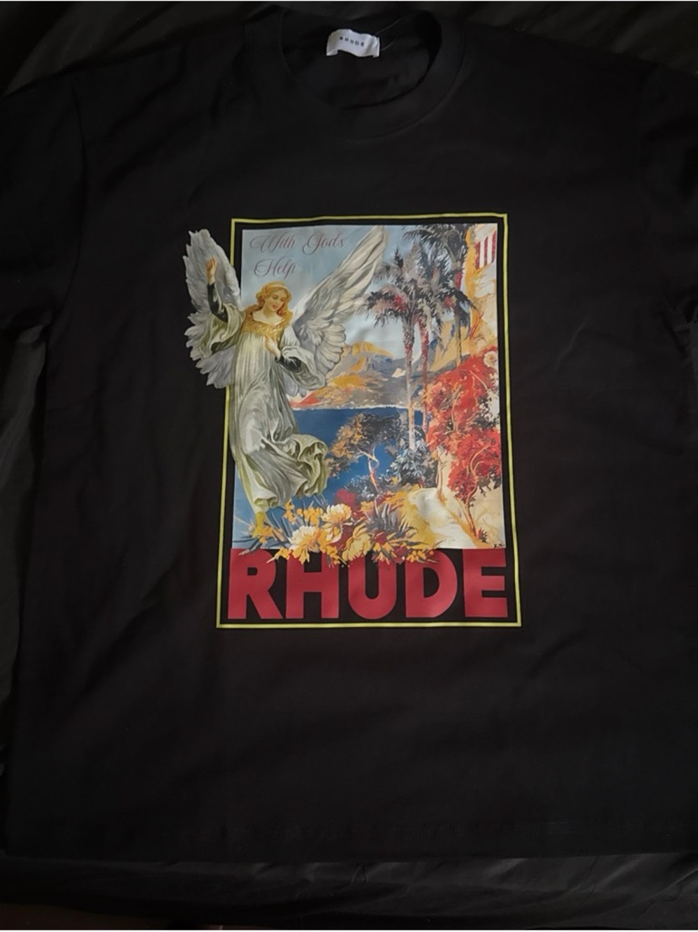 Rhude Black Tee with Angel Landscape Print and Red Logo